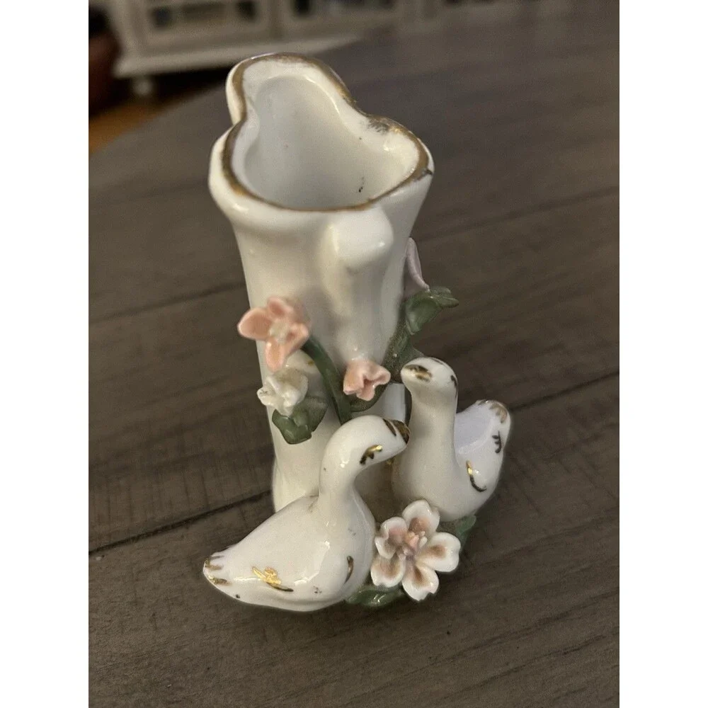 Vintage Porcelain Bud Vases With Swans And Flowers